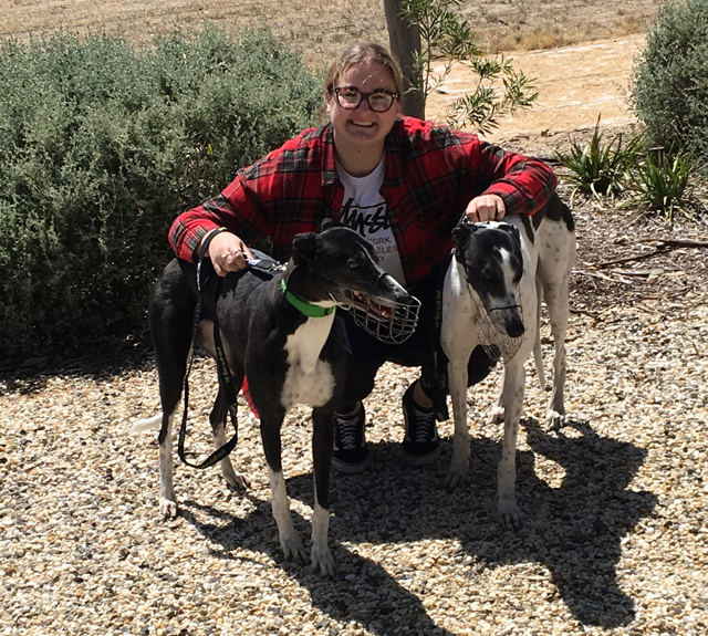 Abi with her new pet greyhounds Harps and Jackie, who were muzzled for the trip home.